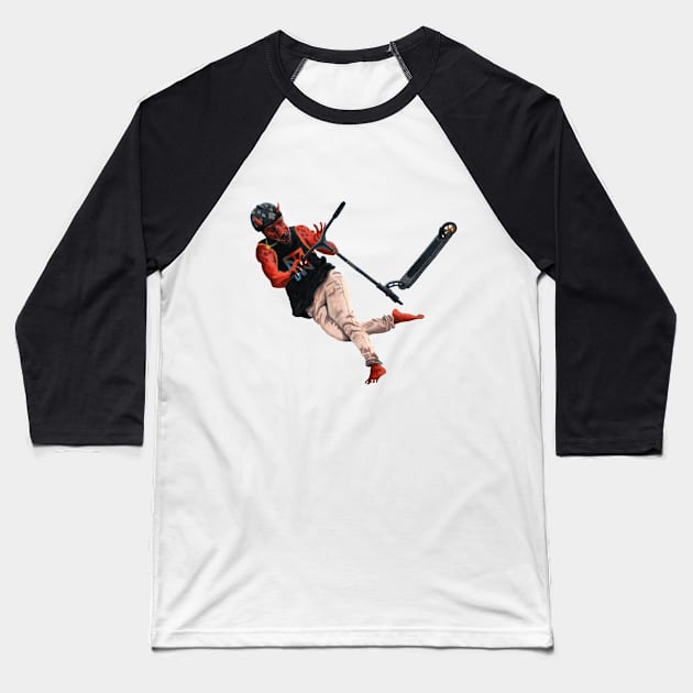 Kobold Kick Scooter Tricks Realistic Art Baseball T-Shirt by Helms Art Creations